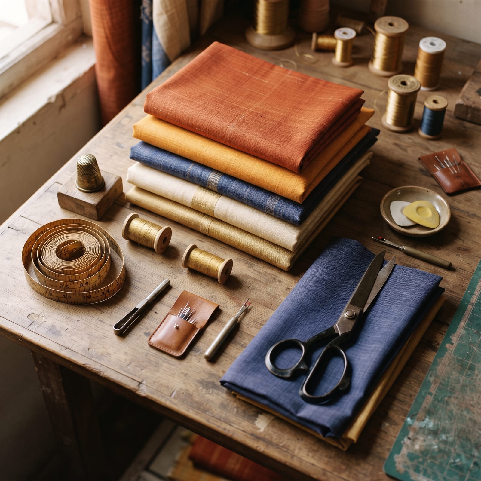 Overhead flatlay of tailor's workbench in the Shasvi Creations workshop