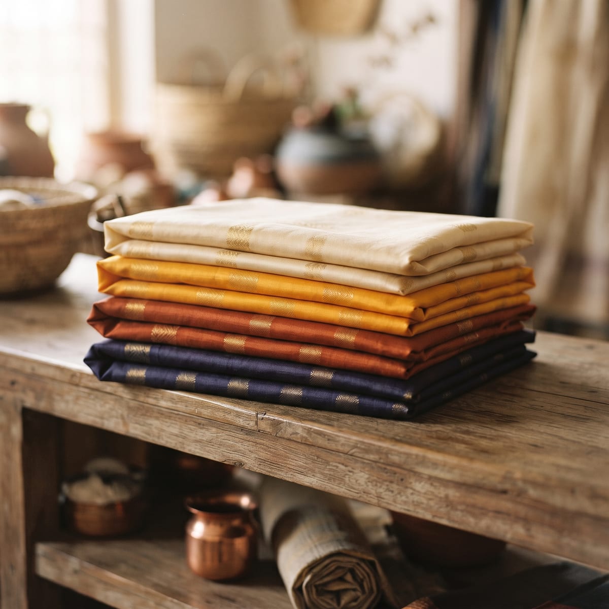 Folded chanderi silk stacks